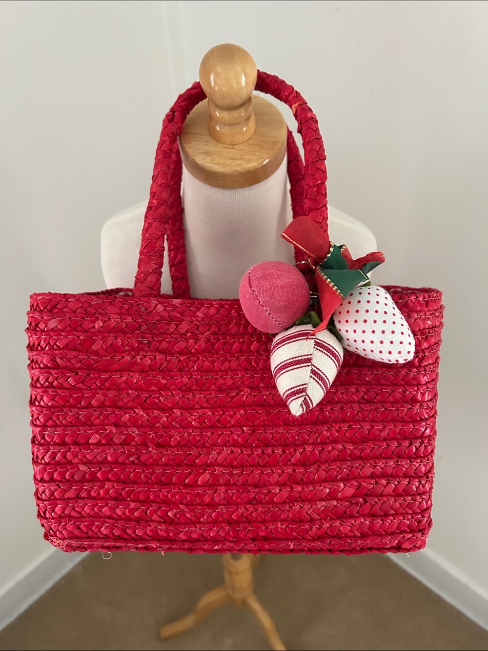 Red Straw Tote with Gingham Lining and Strawberry Charms